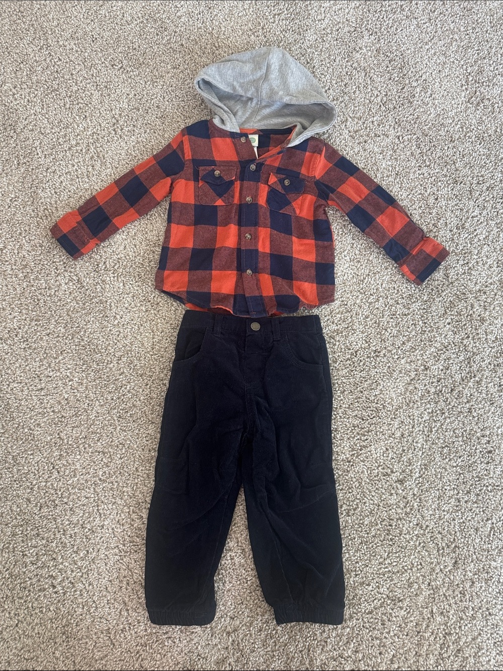 Little Me Plaid Hoodie Shirt with Corduroy Joggers Set 18M